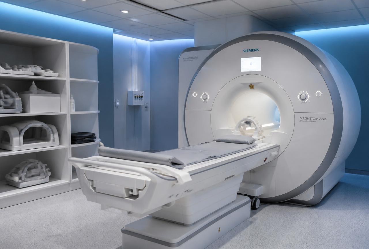 Sală de imagistică medicală cu aparat RMN, fără pacienți