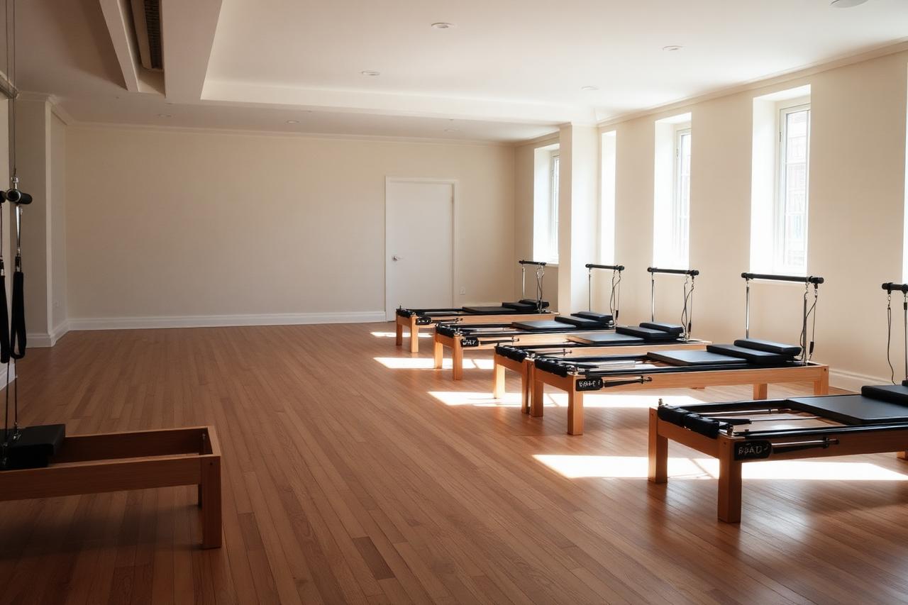 Studio de pilates cu aparate reformer aliniate, lumină naturală